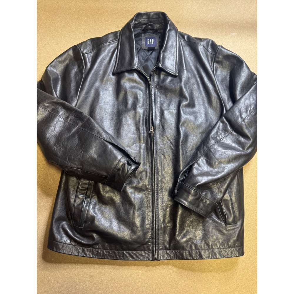 Gap Mens Black Leather Full Zip Quilted Lined Jacket XL RN 54023‎